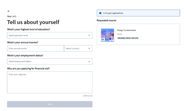 Financial aid application form for Design Fundamentals course