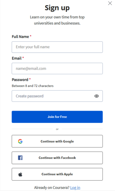 Coursera Sign Up Page