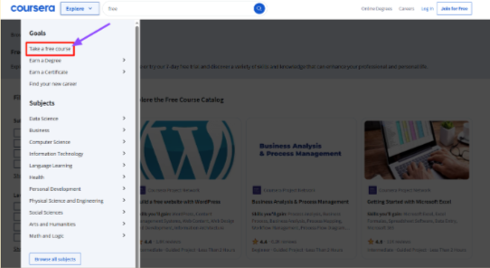 Coursera take a free course option