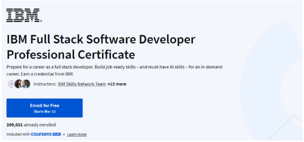 IBM Full Stack Software Developer Certificate course page