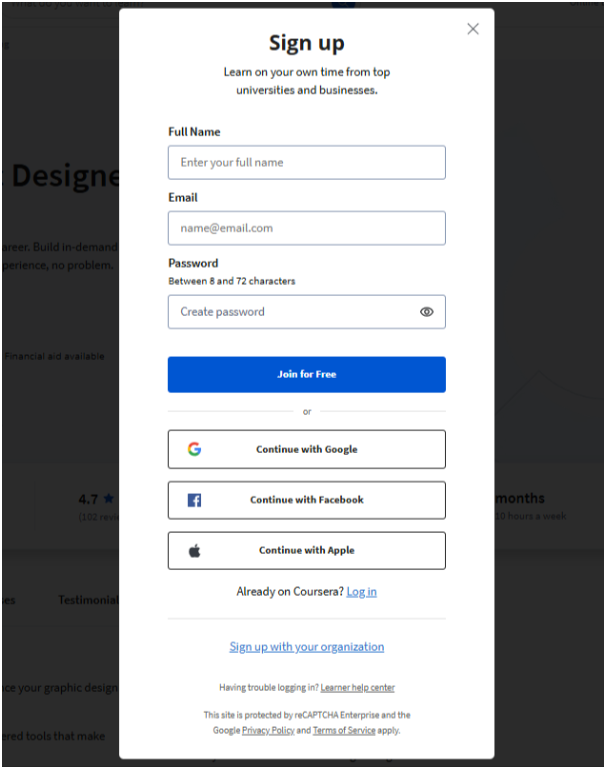Sign up for the account