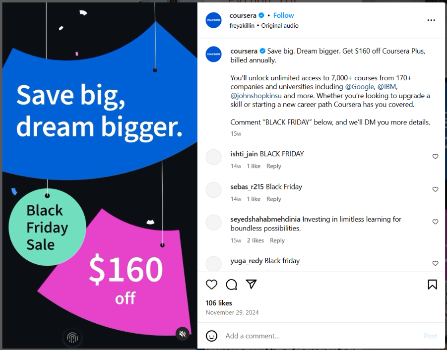 Coursera's Black Friday promotion on Instagram