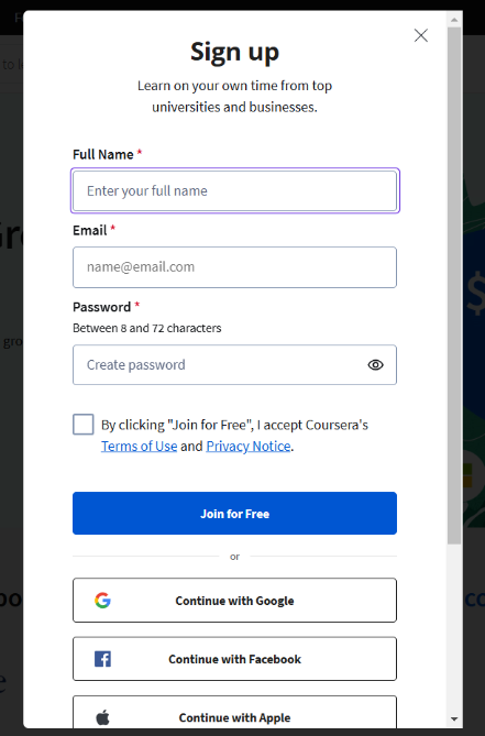 Coursera signup page