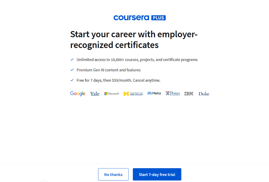 Starting the Coursera plus free trial