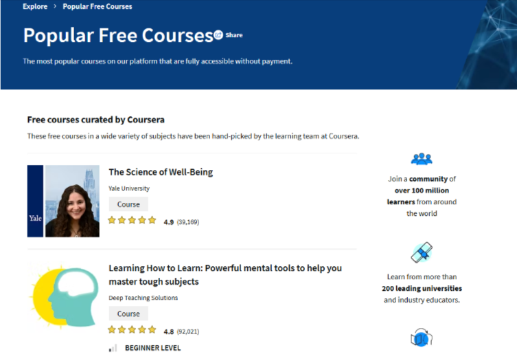 Coursera popular free courses