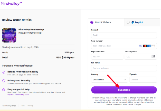 Mindvalley checkout page
